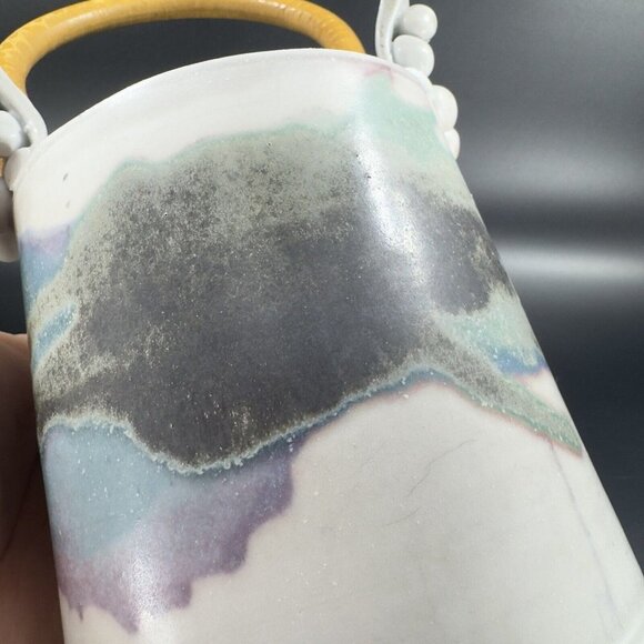 Studio Art Pottery Basket Vase With Wood Handle Artist Signed Ceramic Vintage - Picture 14 of 16